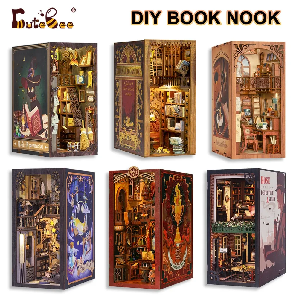 Architecture DIY House CUTEBEE Magic Book Nook Kit DIY Doll with Light 3D Bookshelf Insert Eternal Bookstore Model Toy For Adult Birthday Gifts 231212
