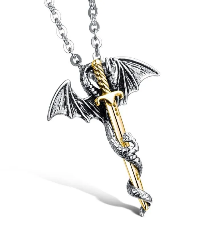 Hip Hop Pingente Colares Super Cool Evil DragonSword Titanium Steel Personalidade Exclusiva Designer Jóias Homens Antigos Cor de Ouro N2875709