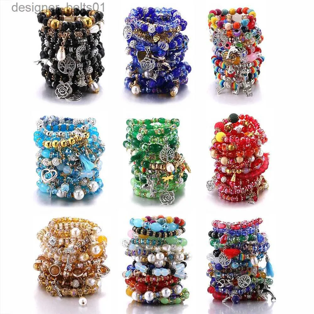 Charme Armbänder 10 teile/satz Mix Farbe Baum Blume Herz Legierung Anhänger Perlen Böhmischen Armbänder Frauen Naturstein Armband Armreifen Für partyL231214