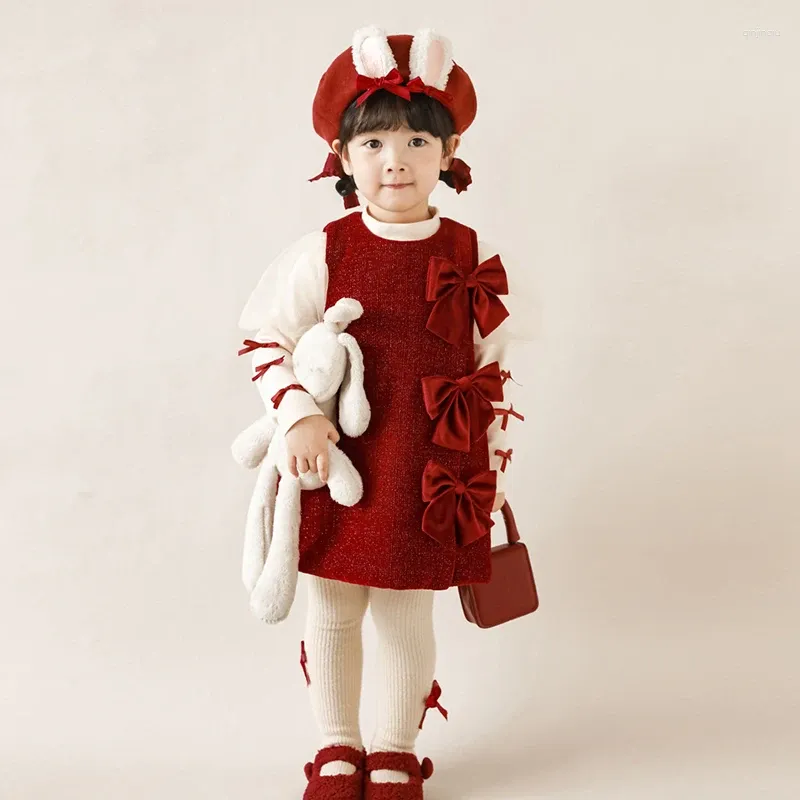 Robes de fille en velours pour enfants, tenue de noël, automne-hiver, avec nœud à fond épais, pour bébé rouge, 90-130cm