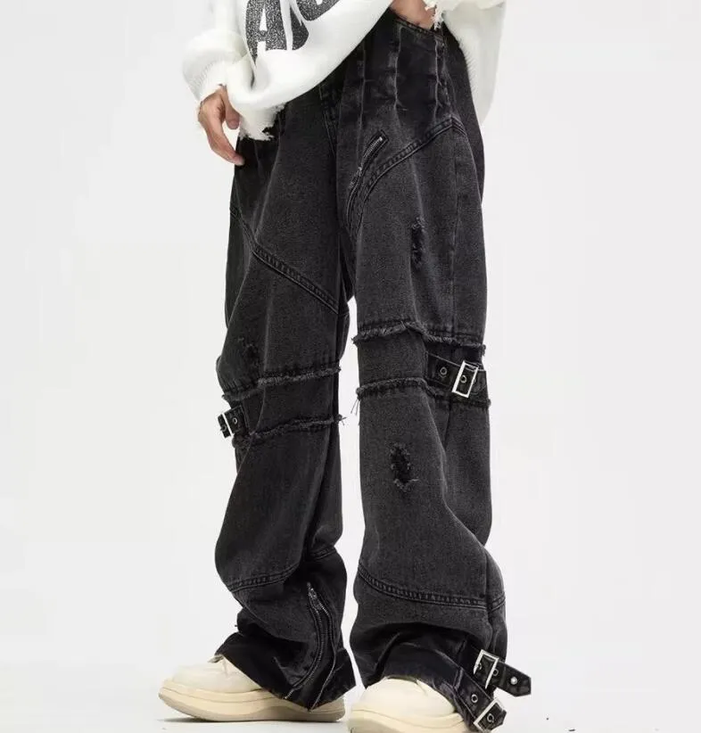 Nya män jeans y2k streetwear svart baggy rippade staplade lastbyxor män kläder punk raka denim byxor