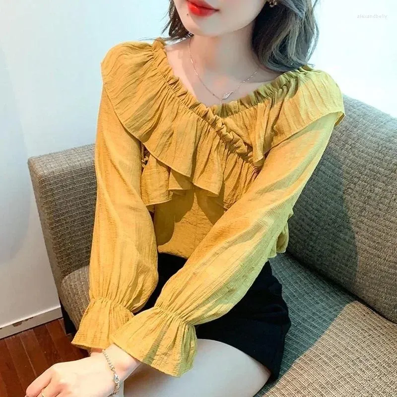 Women's Blouses French Style V-neck Ruffled Shirt For Women Sweet Long Puff Sleeve Tops Office Lady Yellow Blouse Casual Loose Clothes 29633
