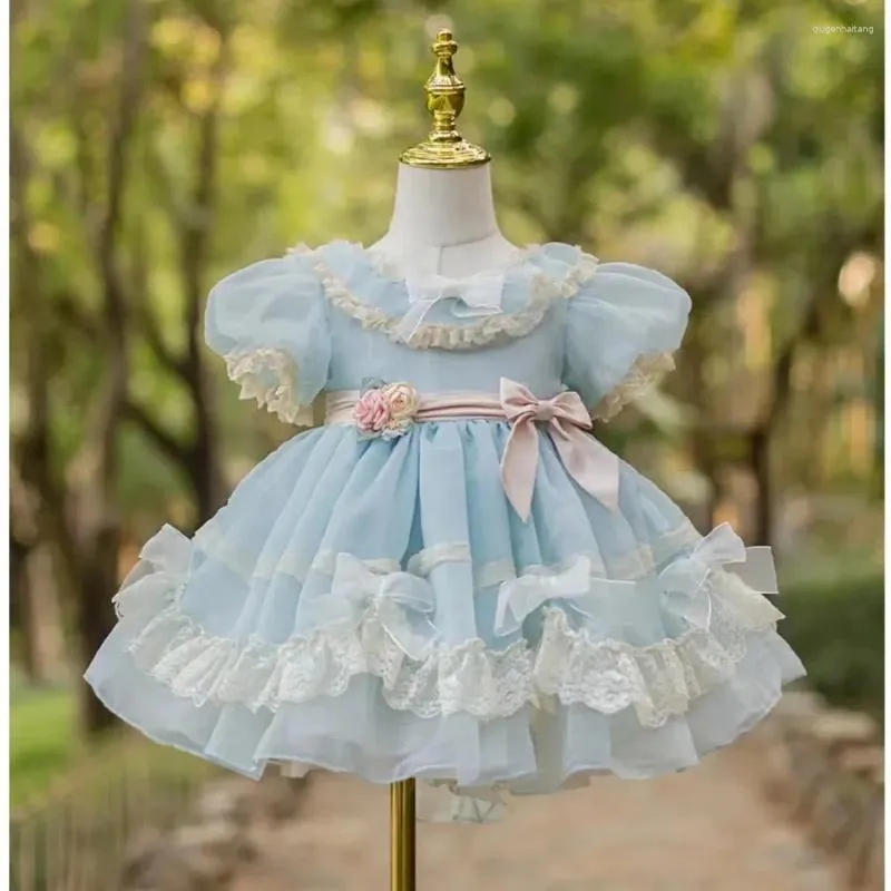 Robes de fille bébé été gros noeud en mousseline de soie ivoire bleu blanc robe Vintage robe de princesse Lolita pour la fête d'anniversaire de vacances photographie