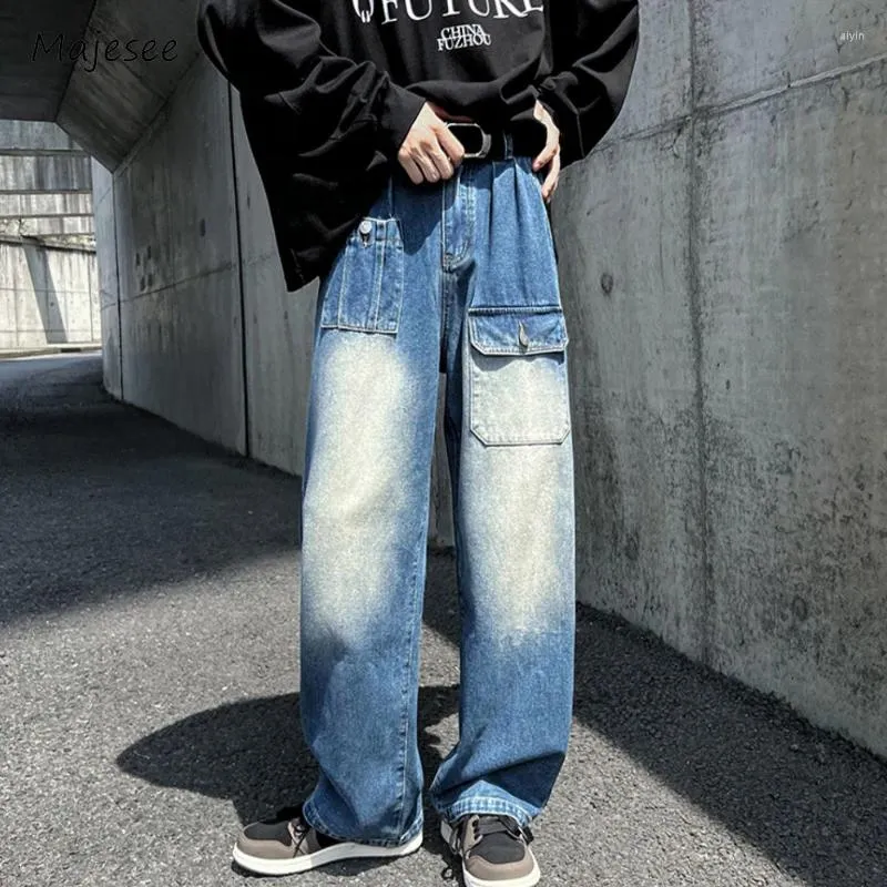 Herr jeans män streetwear multi fickor kontrast färg amerikansk retro denim byxa all-match safari stil hipster college