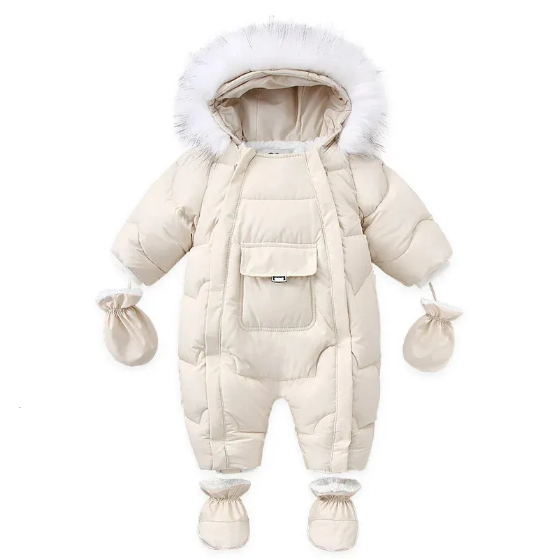 Rompertjes AYNIGIELL Winter born Verdikking Jumpsuit Ingebouwde wollen romper met capuchon Baby jongens en meisjes Warme sneeuwdichte overalls 231211