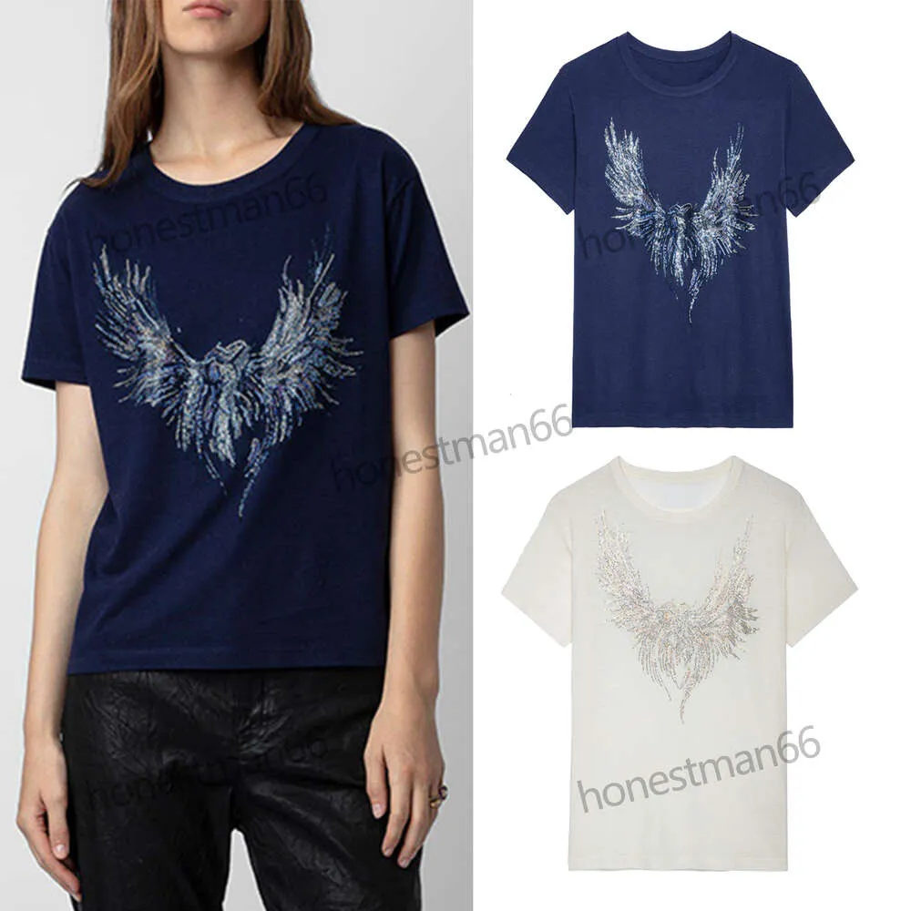 24SS Zadig Voltaire Femmes Designer T-shirt en coton Mode Nouveau Zadig Tops Phoenix Wings Hot Diamond Linen Royal Blue T-shirts de plage à manches courtes Polo