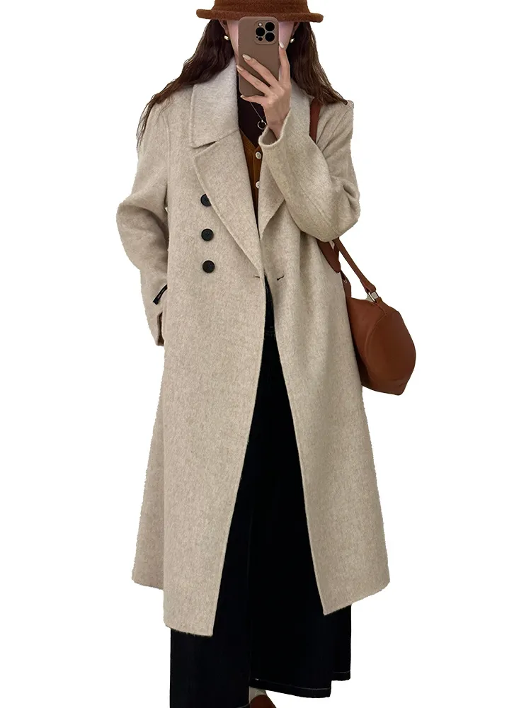 Autumn and Winter New Polo Collar Camel Fleece Double sided Woolen Coat Women's Korean Single breasted Design Cashmere Coat
