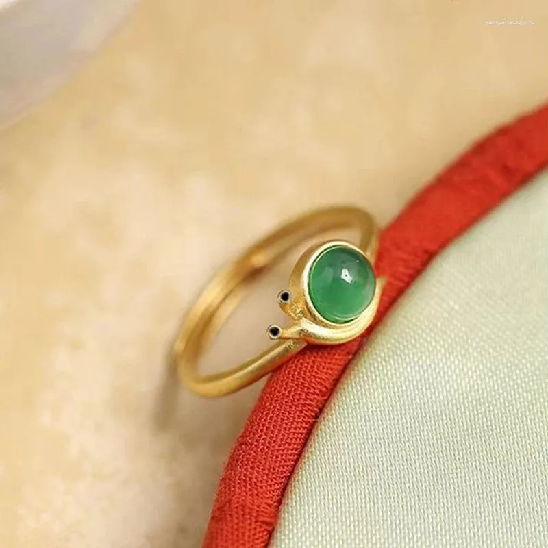 Cluster Rings Vintage Adjustable For Women Snails Nephrite Jade Opening Ring Gold Color Fine Jewelry Gift Drop