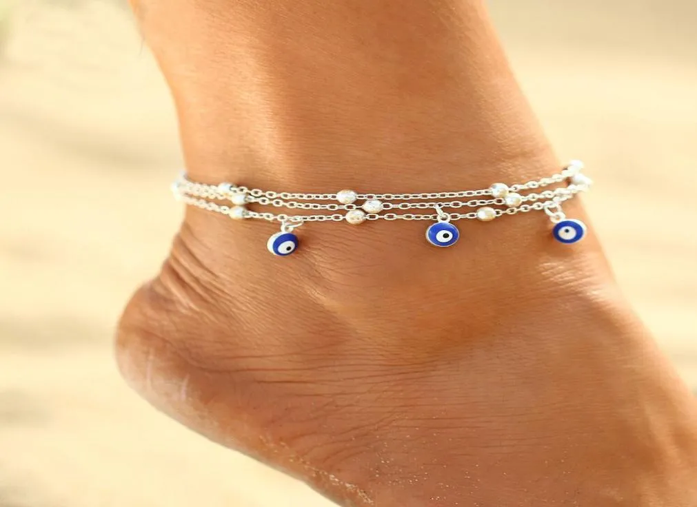 S1604 Fashion Jewelry Multilayer Anklet Turkish Blue Eye Pendant Pärled Ankel Armband Beach Anklets8303234