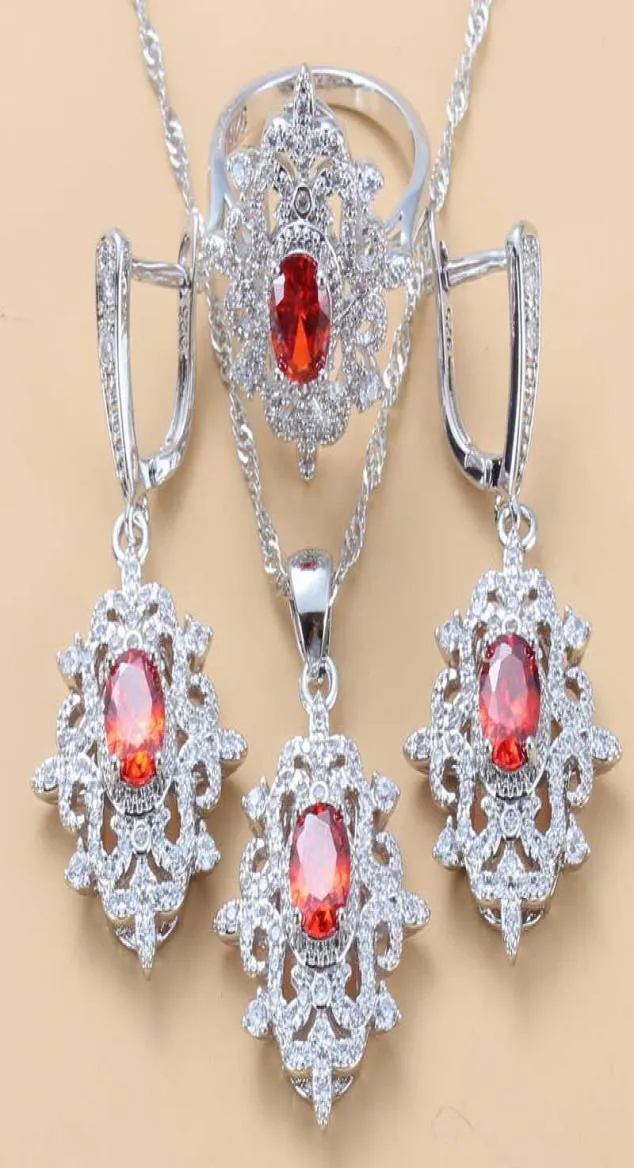 Eleganckie kobiety kostium ślubnych Zestawy biżuterii Natural Stone Red Garnet Kolczyki i naszyjnik Pierścień Bridal Zestawy H10223159688