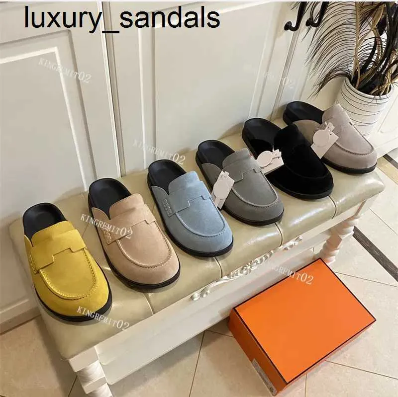 Designer Go Mules Sandals Mueller Slippers Suede Taupe Top Quality Women Slipper Go Flat Thick Bottom Suede Wrapped Toe Leather Summer Beach Flip Flops