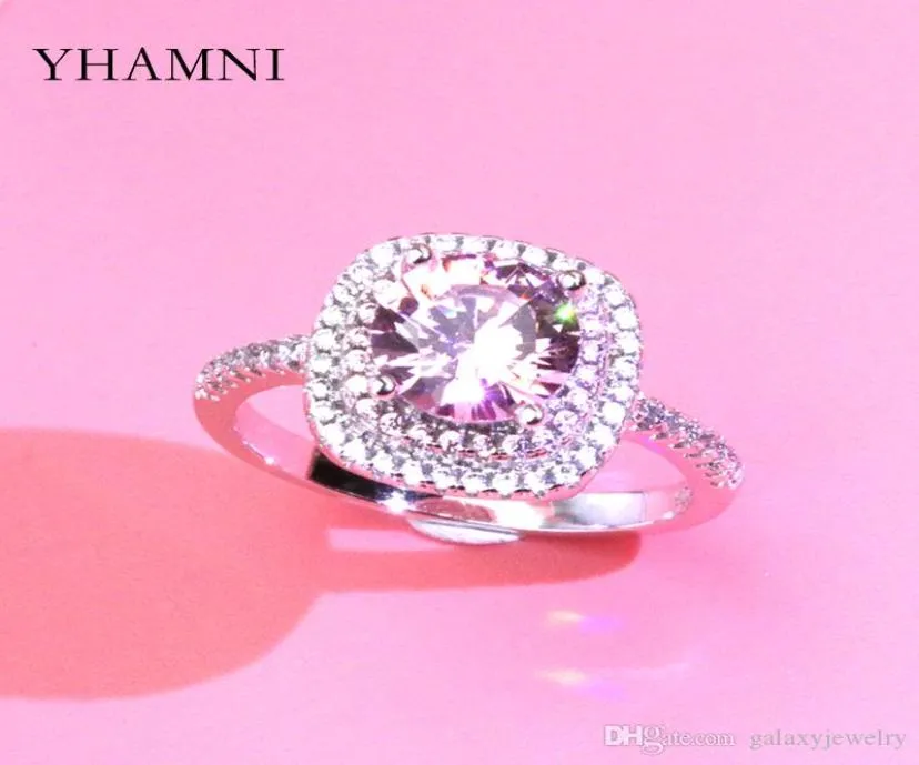 YHAMNI Mode rund rosa CZ Stein 925 Sterling Silber Ring für Frauen Luxus Ehering feine Schmuckschatulle XJZ33357637337
