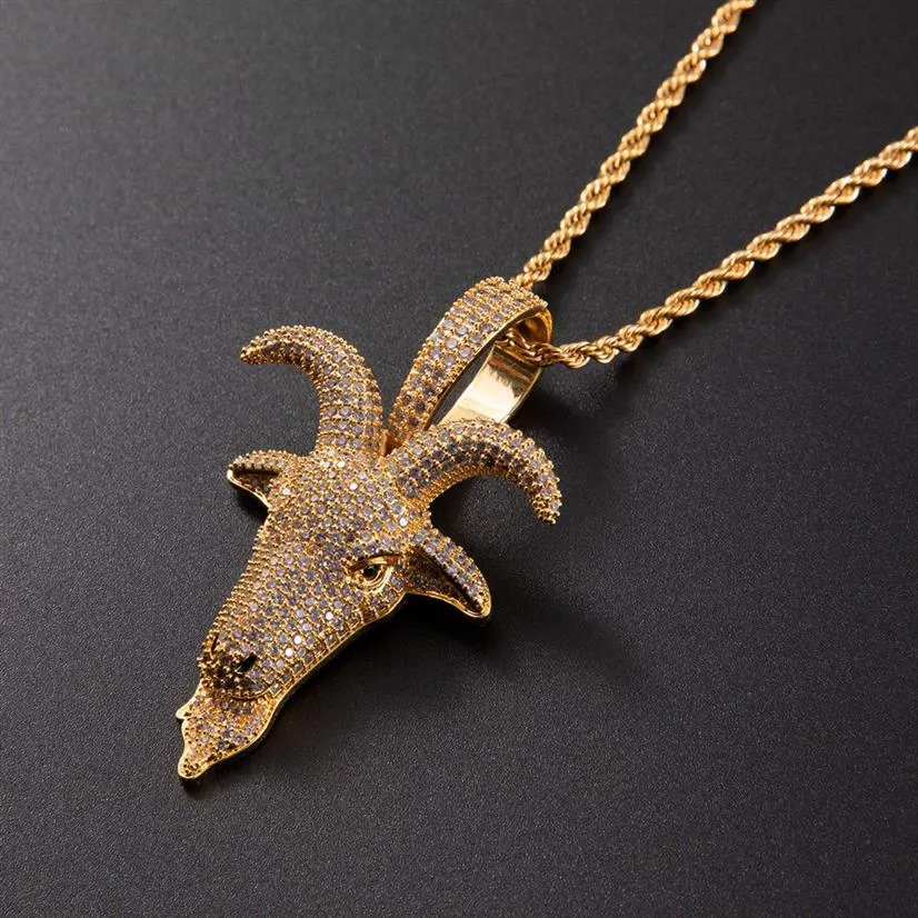 Micro Pave Animal Cabeça de Ovelha Pingente Ouro Prata Banhado Zircão Hip Hop Colar Para Homens Rock Chain Jewelry223z