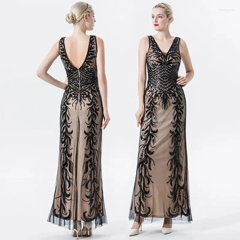 Abiti casual Y2K Abito lungo retrò aderente 1920 Paillettes da festa Gatsby Senza maniche Scollo a V profondo Vestibilità slim da donna Midi