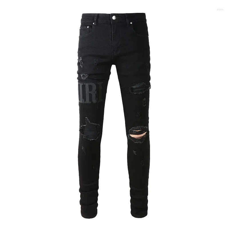 Mäns jeans High Street Style Män orolig Blue Blue Black Embroidered Patch Skinny Stretch Ripped Streetwear förstörda hålmärke