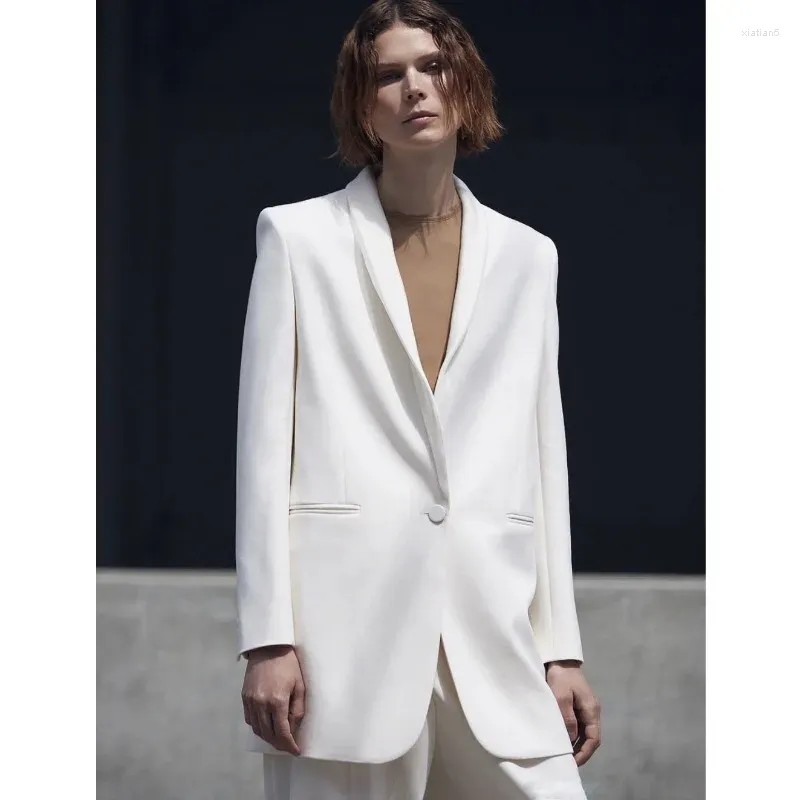 Costumes pour femmes, Blazer blanc R0W, automne/hiver 2023, classique, basique, soie, laine mélangée, un bouton, rangée supérieure