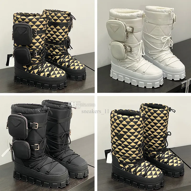 Hochwertige Designer-Luxus-Schneestiefel, Nylon-Skistiefel, Damen-Plattform, warme Winterstiefel, Fell, dreieckige Metall-Tragetaschen, Stiefel