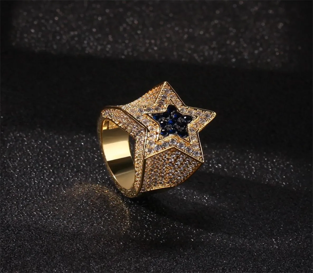 Moda Hip Hop Mens Jóias Anéis Fivepoint Star Bling Rings Iced Out Zircon Hiphop Gold Silver Ring8874115