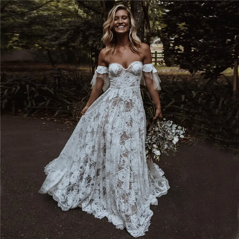 Querida vestidos de casamento vintage para mariages fora do ombro renda encantadora ilusão trem varredura sem costas apliques botão coberto linha a