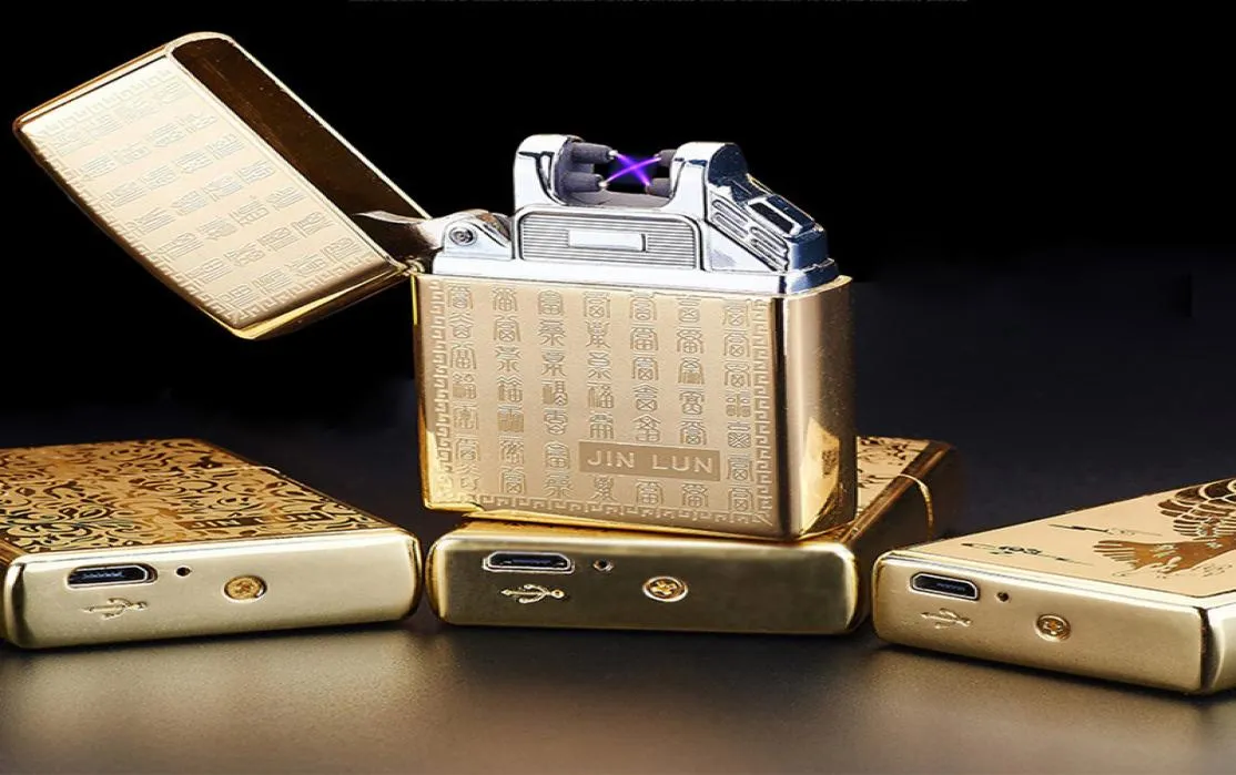 Briquets coupe-vent portables avec impression en métal, chargeur USB, allume-cigare, Double croix de feu, Double Arc, briquet électronique à impulsion TQQ 5769967