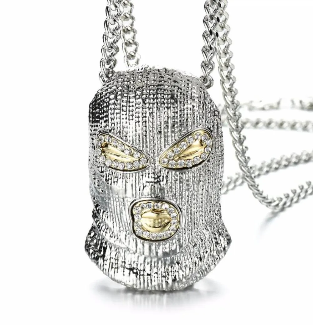 Naszyjniki wisiorek Hip Hop CSGO Naszyjnik skalny w stylu rocka Bling Out Rhinestone Gold Kolor Czarna maska ​​Głowa Charm Men Jewelry Gift1272033