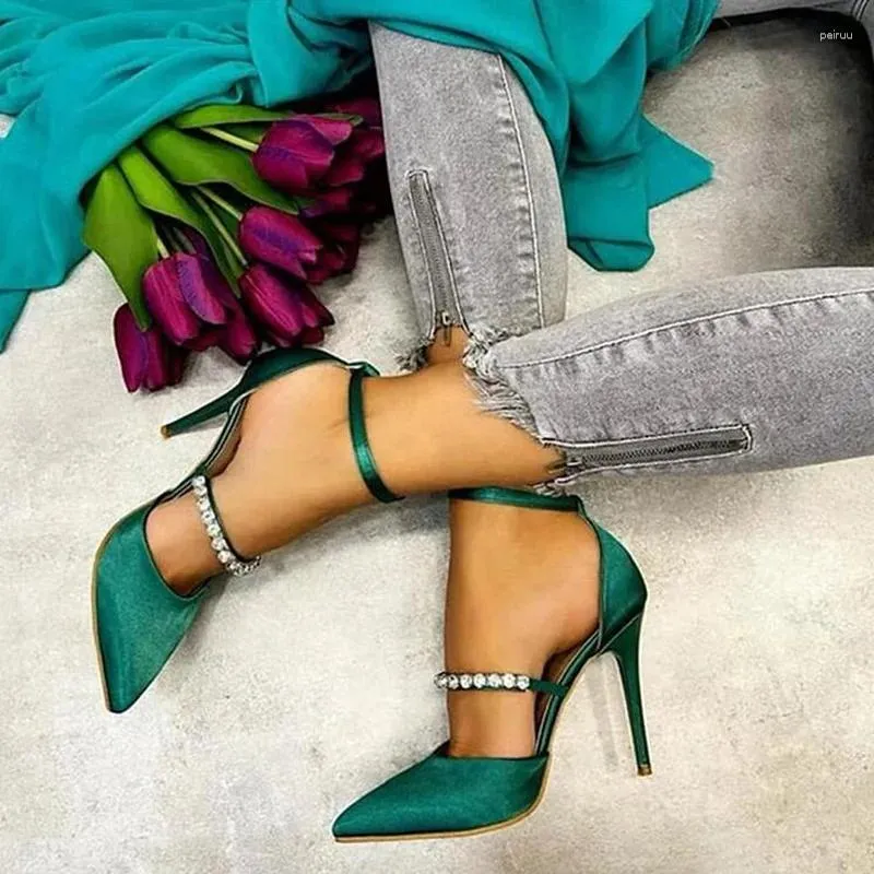 Dress Shoes Sexy Pointy Toe Stiletto Heels Rhinestones Ankle Strap Pumps Green Satin Hollow Shallow Cover Celebrating