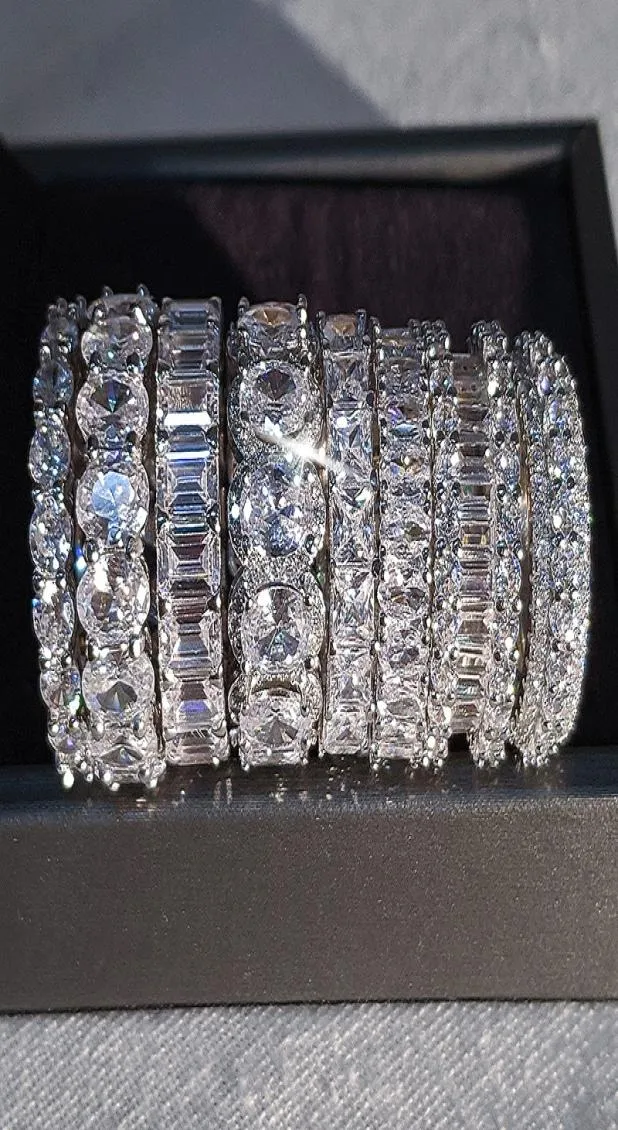 Diseñador de lujo 925 Anillo de banda de cristal de plata esterlina Corte princesa Circón cúbico blanco Diamante Nunca se desvanece Boda de promesa clásica B1821425