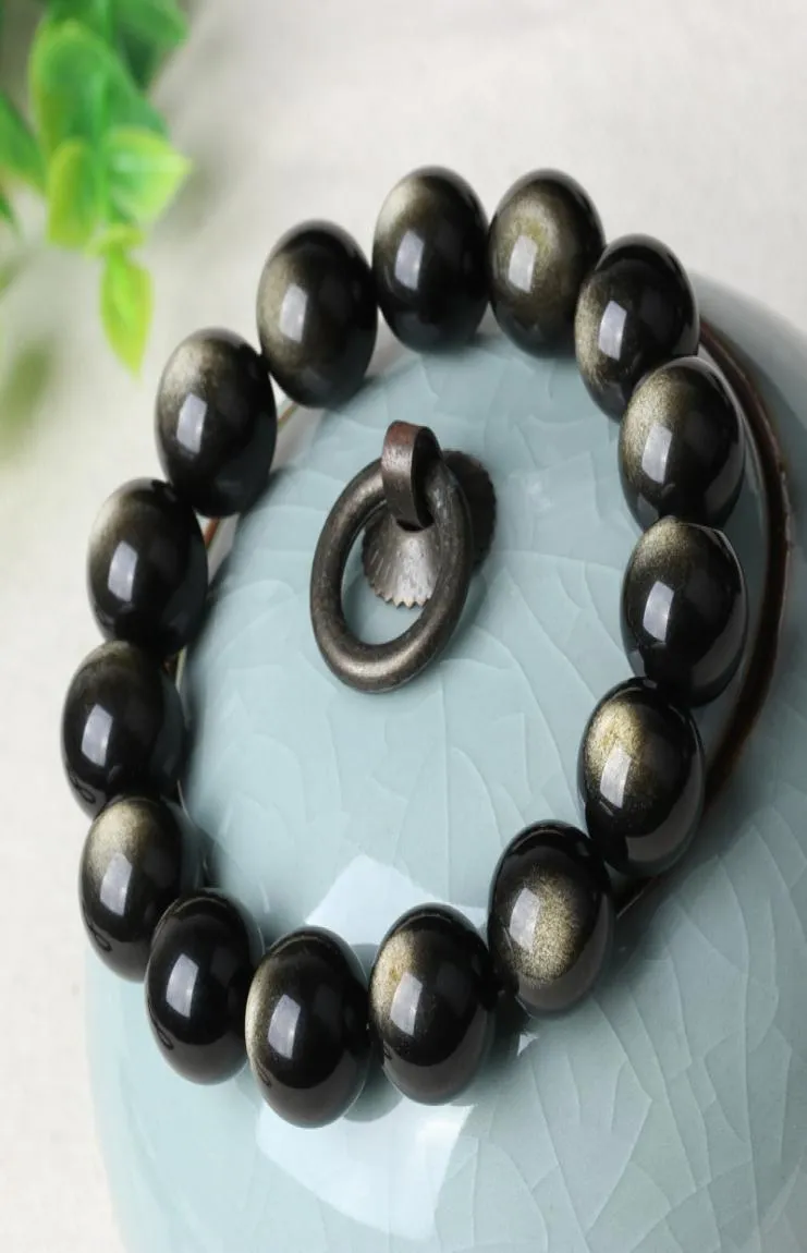 Bracelet en obsidienne noire naturelle, bracelet en or saupoudré, perles rondes de 814mm, goutte 5725314