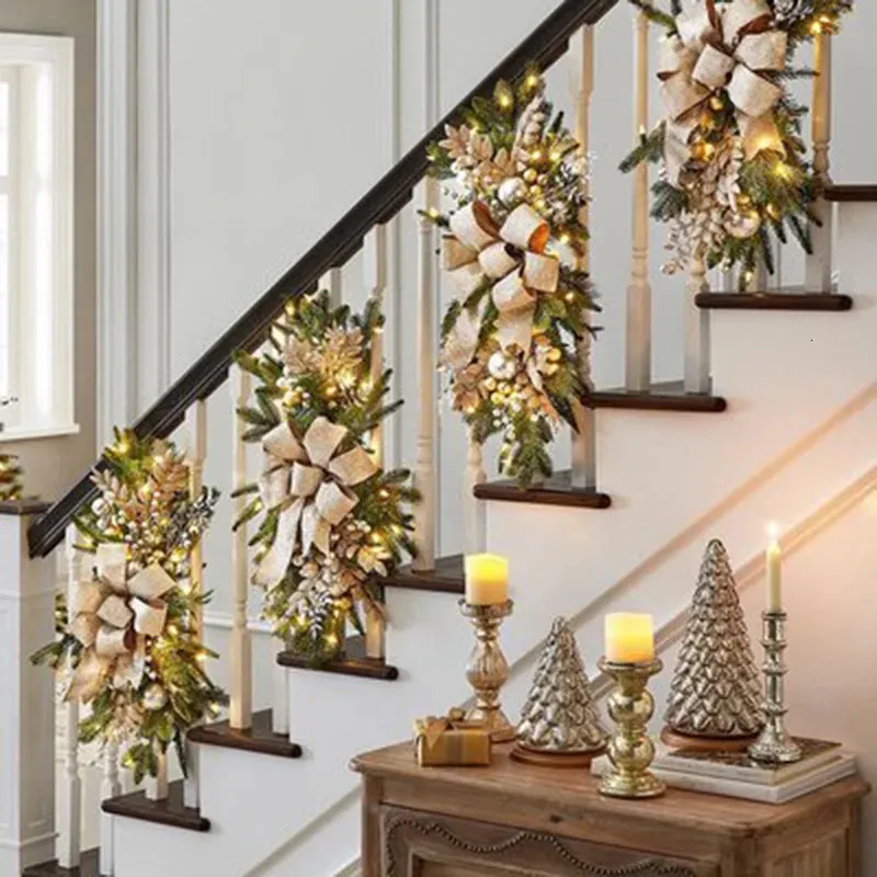 Christmas Decorations Christmas Wreath Xmas Hanging Stair Decoration Wreath Rattan Ornaments With Lights For Front Door Wall Party Home Decor Navidad 231211