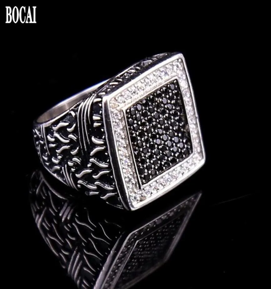 Real S925 Pure Silver Jewelry Black And White Diamond Men039s Ring Vintage Dripping Oil Zircon For Man Cluster Rings9901951