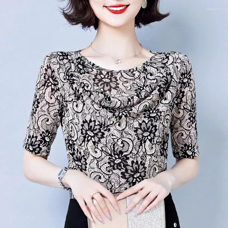 女性のブラウス2023夏の韓国スタイルファッション中年販売服を着たオールマッチの女性半袖シャツトップT06
