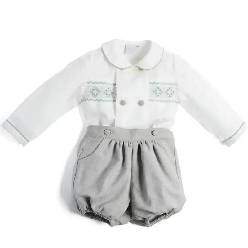 Kleidung Sets Kleinkind Jungen Boutique Kleidung Set Baby Smock Anzug Kinder Langarm Weißes Hemd Kurze Hosen Kinder Spanisch Outfits 231211