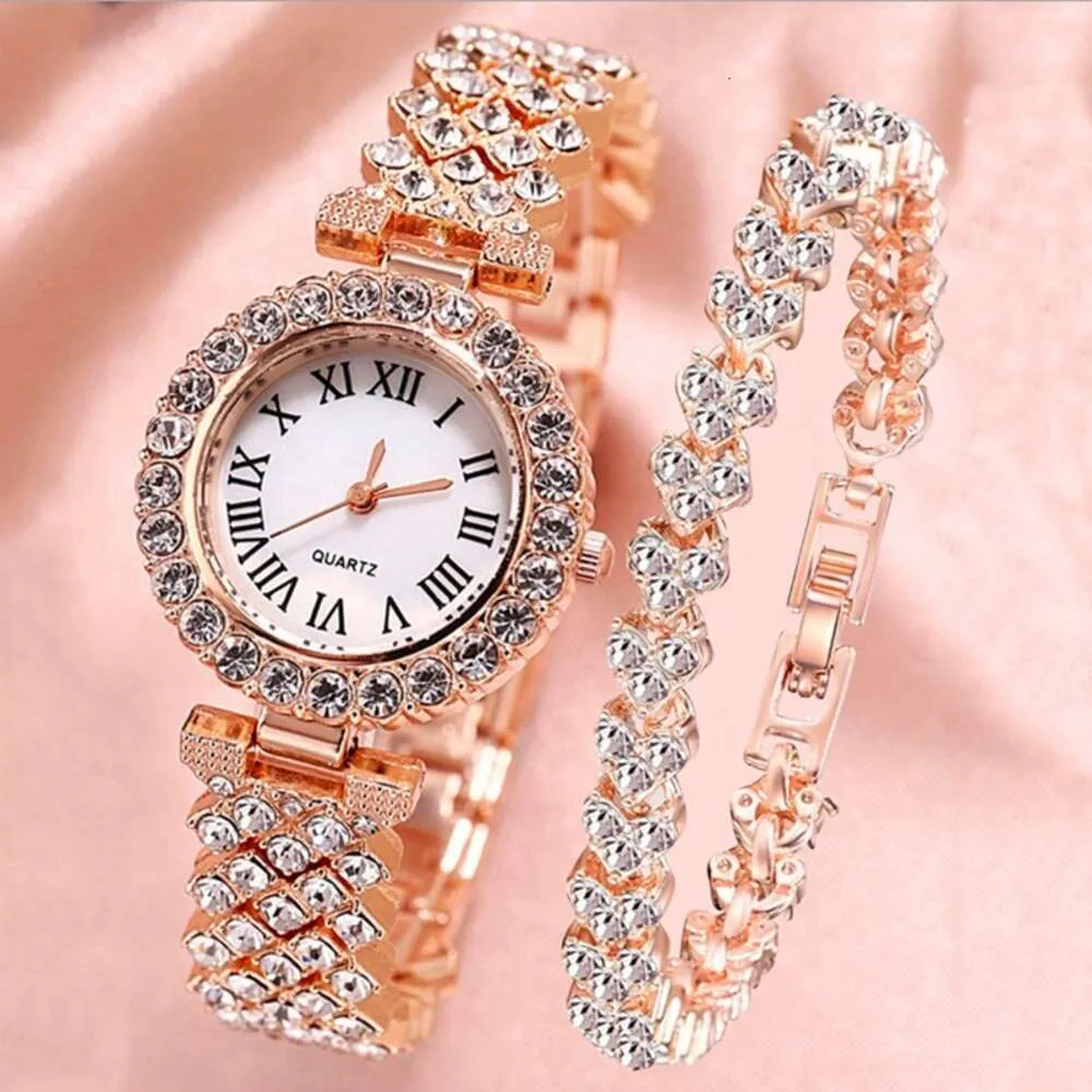 Reloj de oro rosa para Mujer, Reloj de pulsera de cuarzo con diamantes a la moda para Mujer, conjunto de relojes de pulsera elegantes para Mujer, Reloj para Mujer