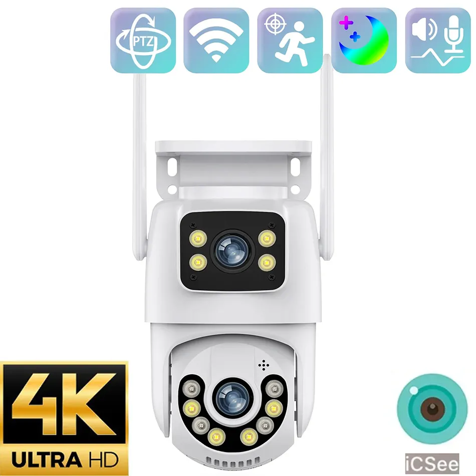 8MP 4K WIFI Macchina Fotografica Esterna Dual Lens Doppio Schermo di Visione Notturna Video Wifi Telecamere di Sorveglianza PTZ CCTV di Sicurezza CAM ICSEE APP A29