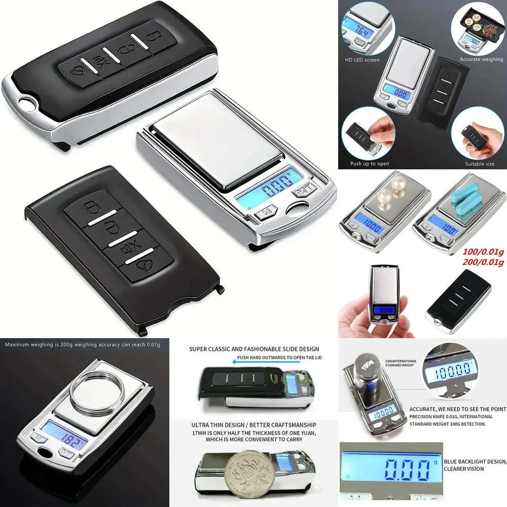 أكياس تخزين جديدة 1pc 0.01g 200g/100g مقياس غرام الإلكترونية دقة محمولة شكل مفتاح السيارة Mini Digital Pocket Scale أداة وزن