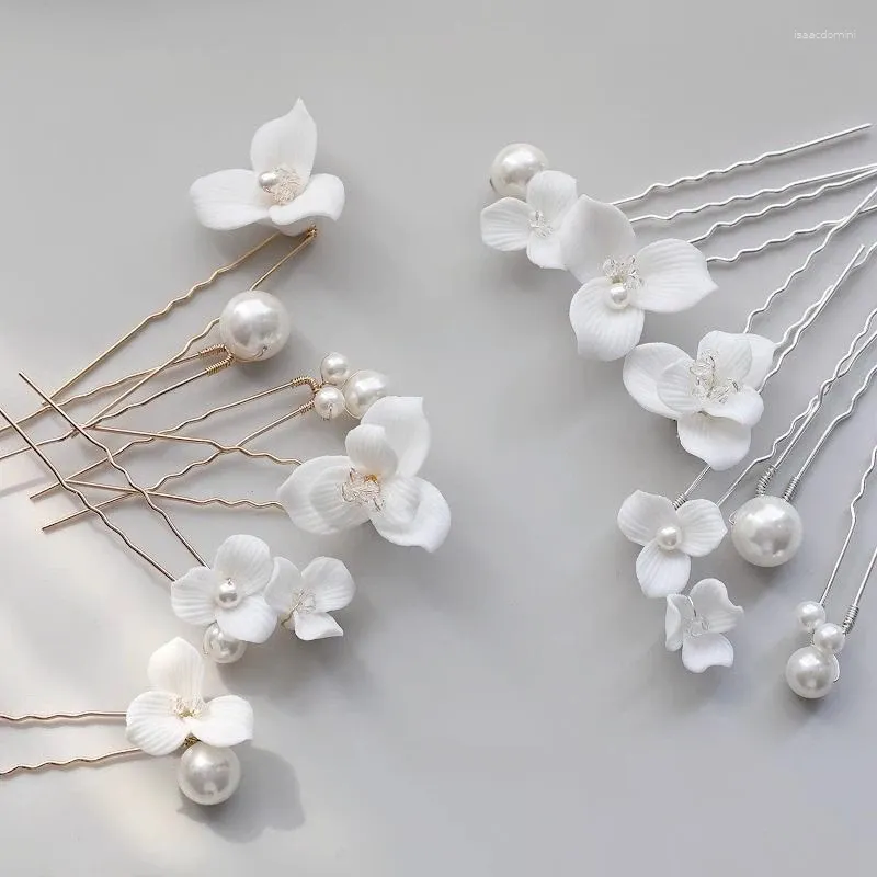 Hair Clips Wedding Accessories Porcelain Flower Pins Silver Gold Color Hairpins For Brides Women Head Pieces Bridal Jewelry