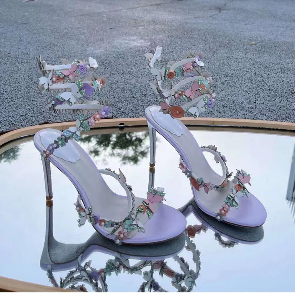 Rene Caovilla wysokie obcasy sandały motyl kwiat dekoracyjny 9,5 cm damskie sukienki buty wąż owinięte stopy Pierścienie letnie otwarte palce but