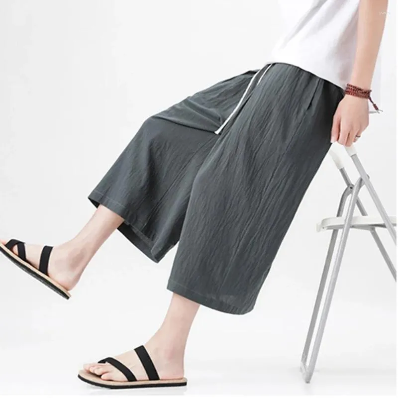 Men's Pants Casual Men Chinese Style Summer Linen Fashion Man Wide Leg Loose Pant Male Japanese Kimono Joggers Calf-Length Track