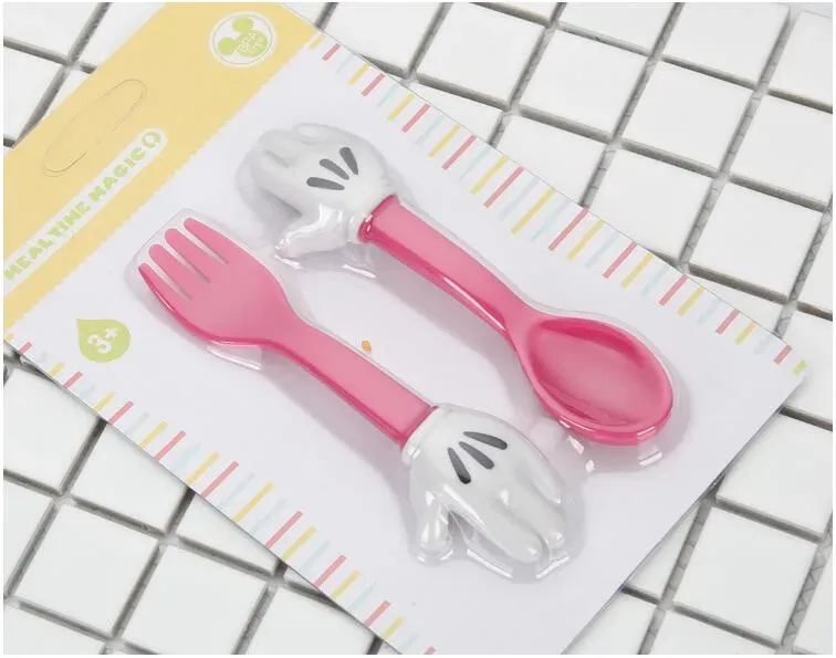 Baby Feeding Fork Spoon Sets Mouse Palm Shape Cutlery Toddler Dinnerware Portable Utensil Kids Learning Eat Tools