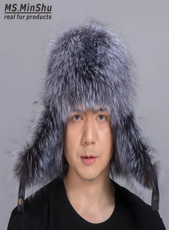 Rysk stil unisex silver räv päls hatt med fårskinn läder yttre skal vinter öronflap headwarmer7482659