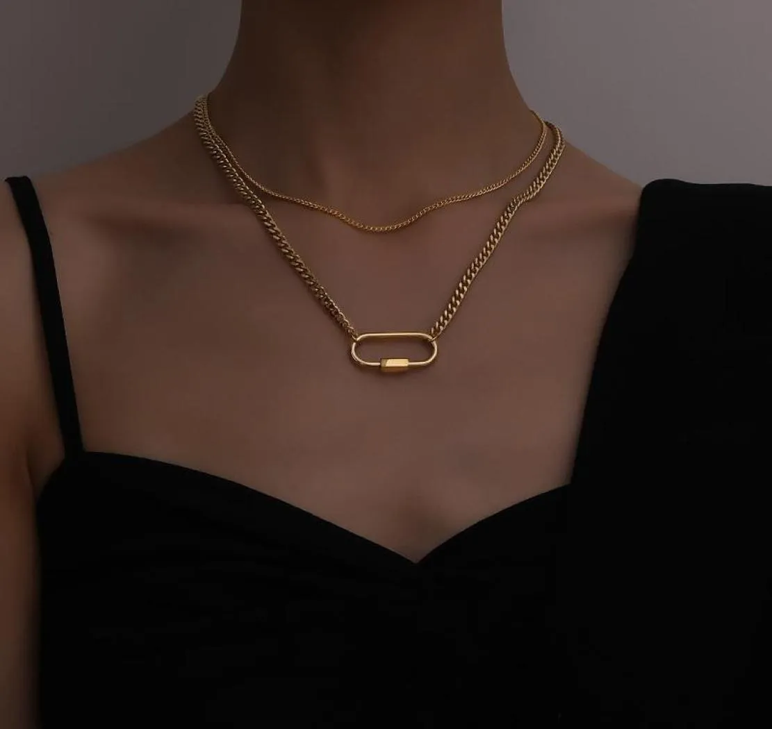 Peri039Sbox Gold Color Safety Pin Carabiner Halsband Två skiktade ovala för kvinnor Minimalistiska rostfritt stål smycken pendant2891347