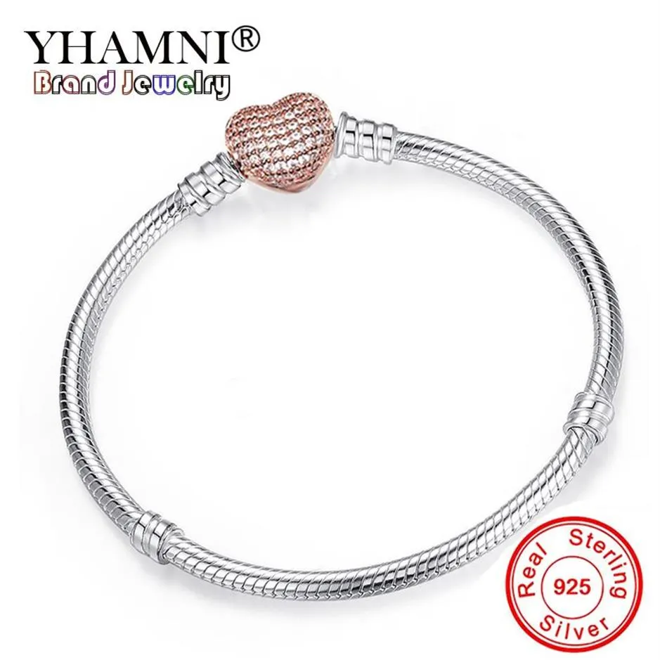 Yhamni Romantic Original Silver Heart-Shaped Snake Chain Charm Armband For Women Brand Armbandbangle DIY Jewelry Making Gift HZ218C
