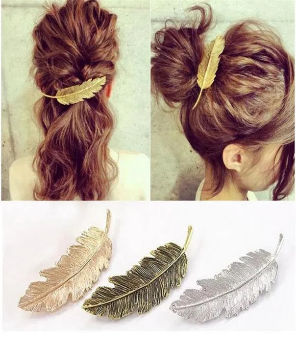 Fashion Women Gold Silver Leaf Feather Hair Clip Hairpin Barrette Bobby Pin Hair Styling Tools Ornament Hair accessories 3 Colors6705611