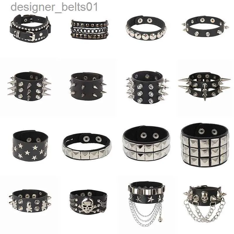 Bracelets de charme 2022 nouveau bracelet en cuir PU bracelet punk réglable crâne goth bracelet de manchette gothique rivet boucle bracelet pour hommes femmes l231214