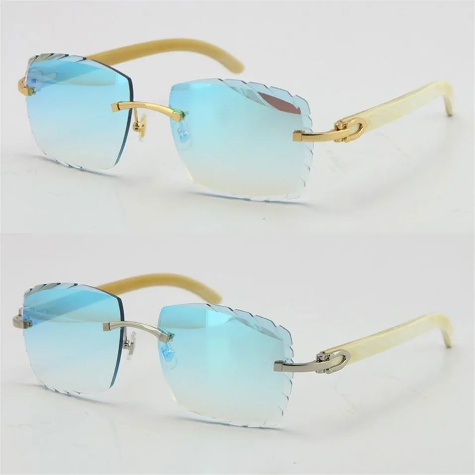 Rimless diamond cut 3524012-A White Genuine Original Buffalo Horn Sunglasses Fashion High Quality Carved lenses Multi Glasses Unis265z
