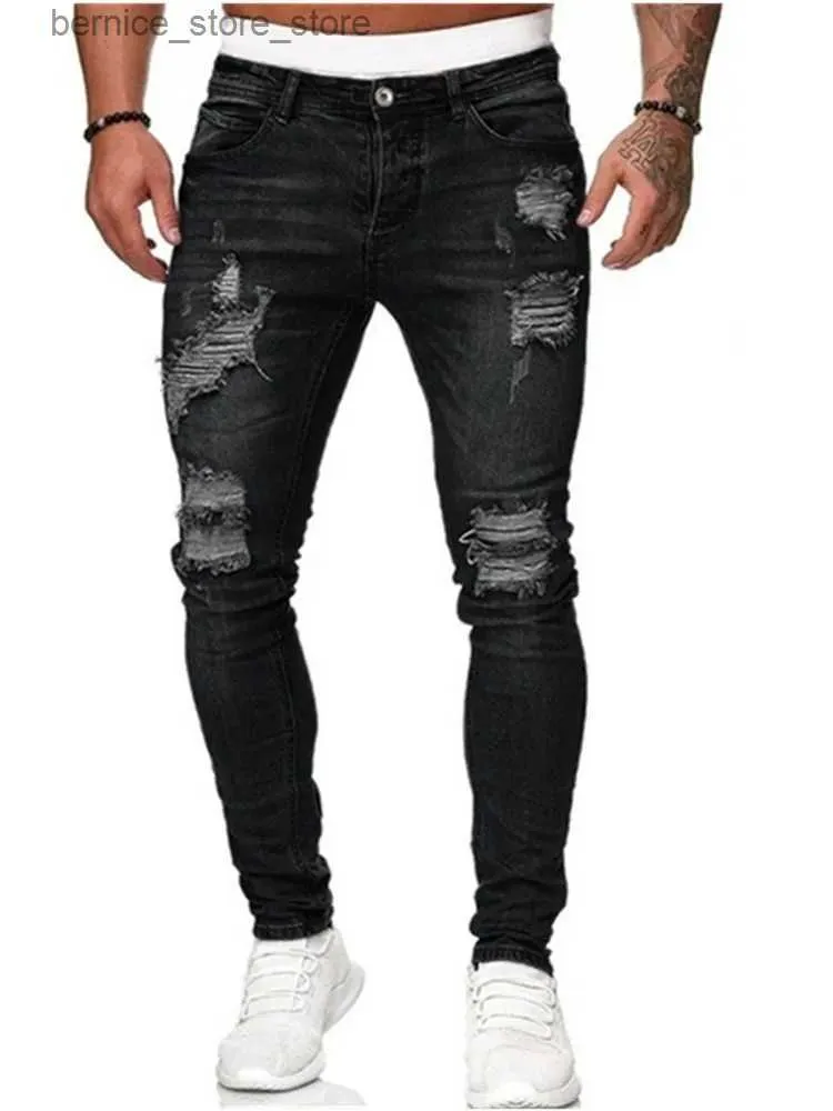 Calças de brim masculinas 2022 novas calças casuais masculinas rasgadas primavera e outono jeans esportivos bolso reto rua corrida macio denim neutro lento q231213