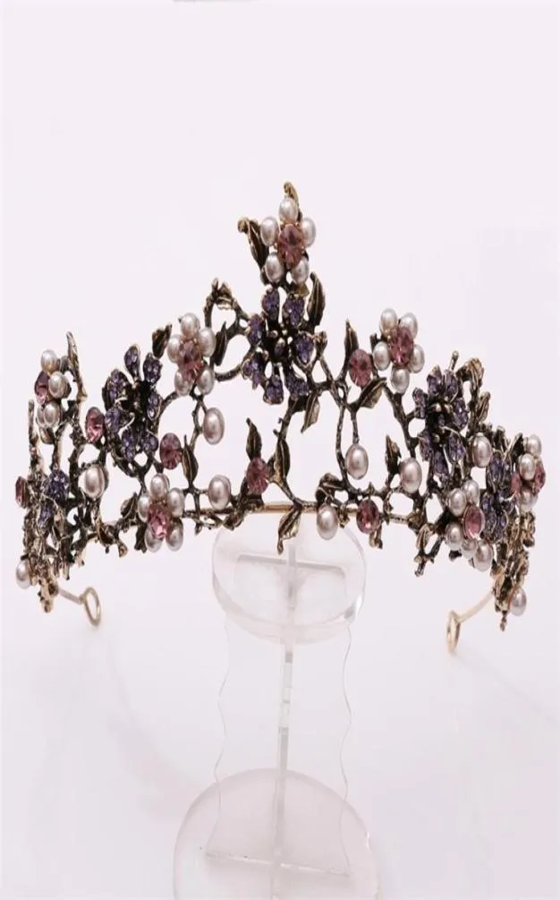 Baroque Vintage Black Purple Crystal Pearls Bridal Tiaras Crown Pageant Diadem Veil Tiara Wedding Hair Accessories 22071689097101702756