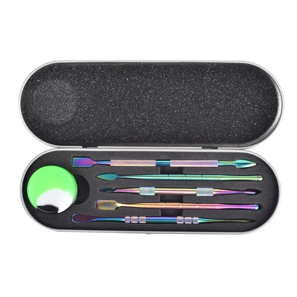 Rainbow Silver Wax Dab Tool Kit Aluminium Box Packaging 5 types Stainless Steel Dabber Tools For Waxes Dry Herb Vaporizer Tobacco Banger Nails