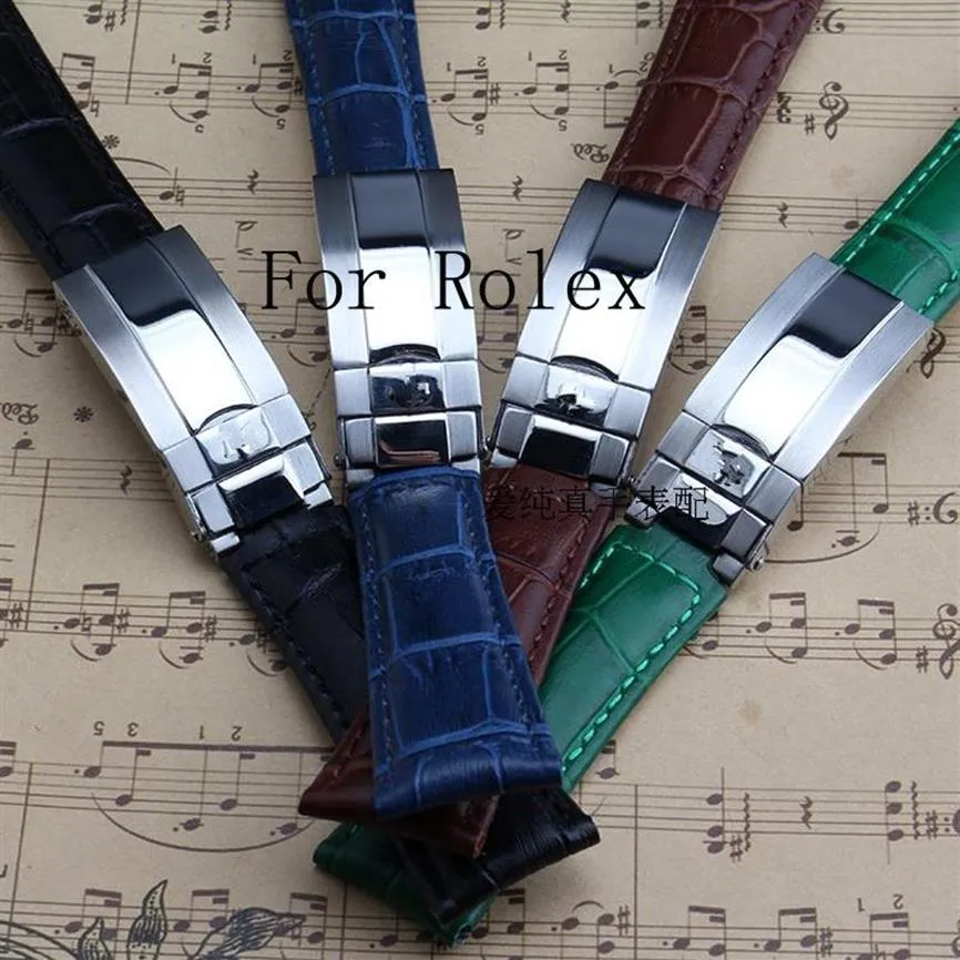 Neues 20-mm-Uhrenarmband aus echtem Leder in Schwarz, Grün, Braun, Blau für Role GMT-Uhr mit Original-Logo263c