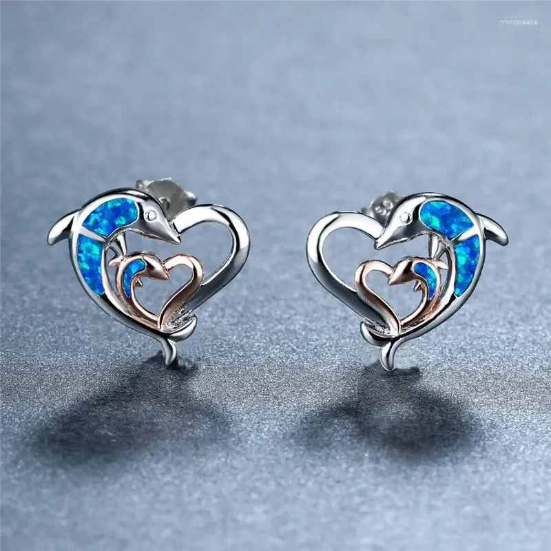 Stud Earrings Classic Rose Gold Silver Color Cute Animal Double Dolphin Blue Opal Love Heart For Women Wedding